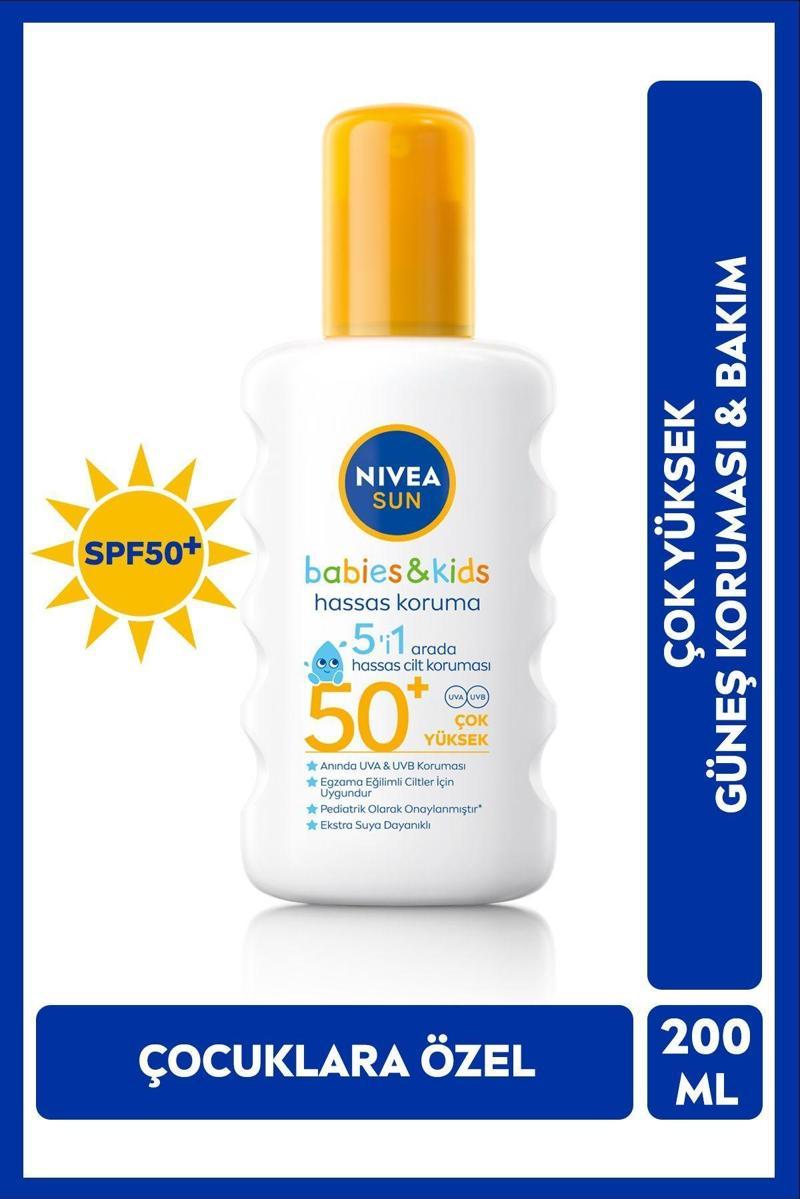 SUN SPF50 Çocuklar İçin Hassas Güneş Koruyucu Vücut Spreyi 200ml, UVA Koruması, 5i 1 Arada Bakım