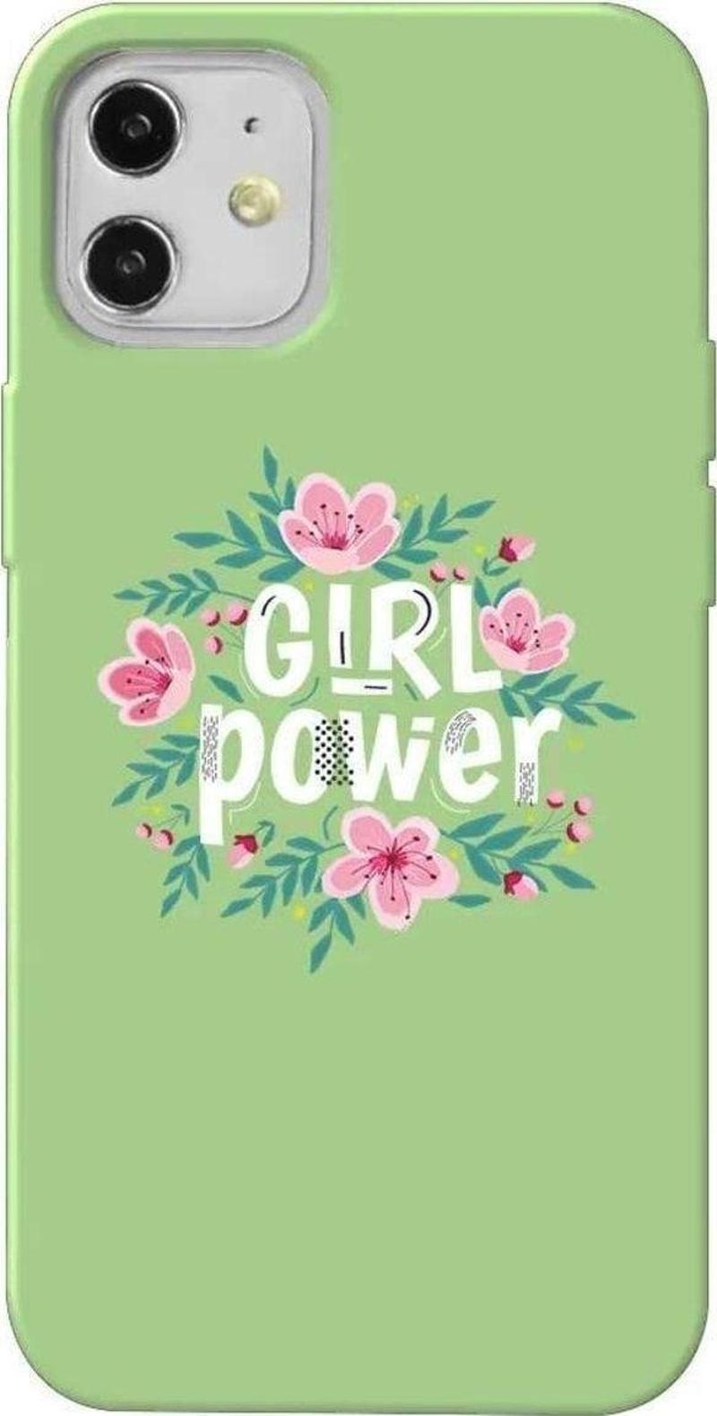 İphone 12 Mini Açik Yesil Renkli Silikon Telefon Kılıfı - Çiçekli Girl Power