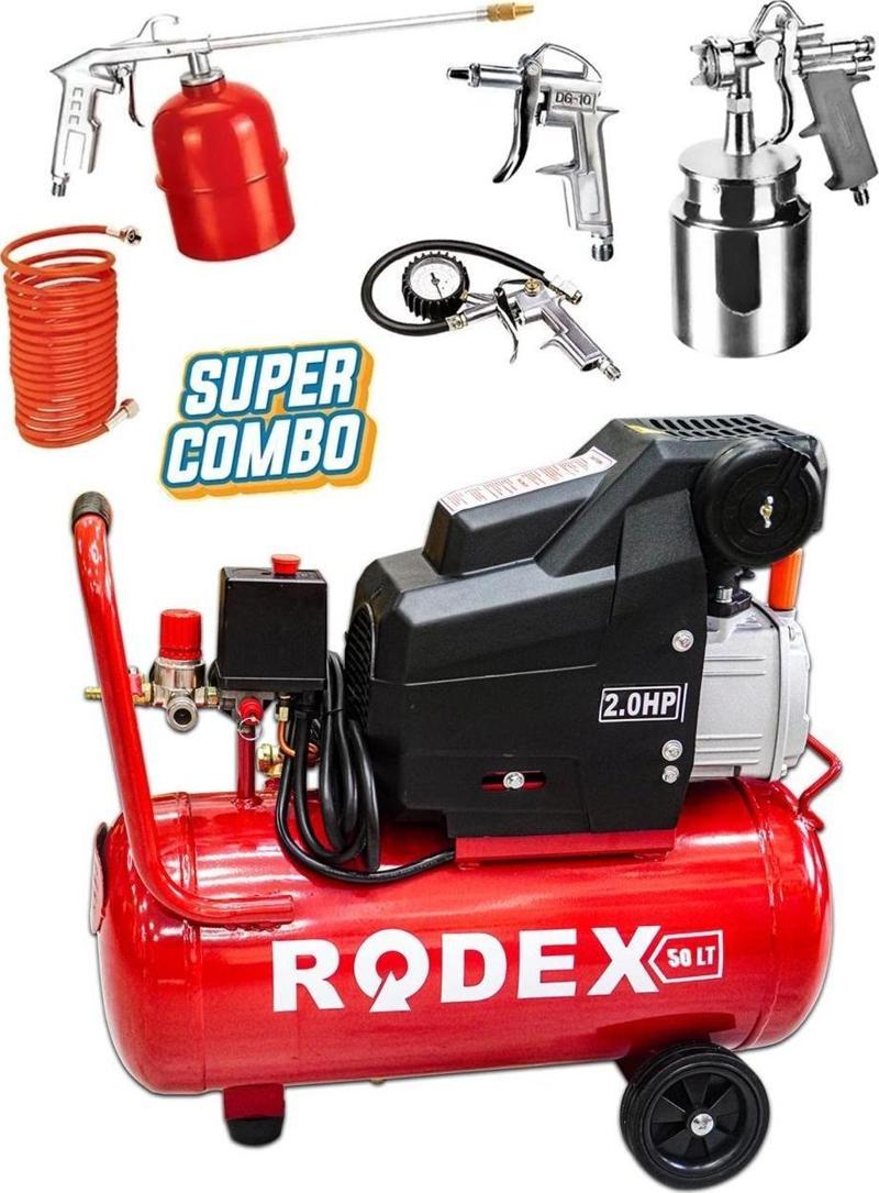 Rodex 50 Litre Hava Kompresörü 5 Parça Havalı Setli Yağlı Sistem 8 Bar Basınç Ayarlı Germany Style