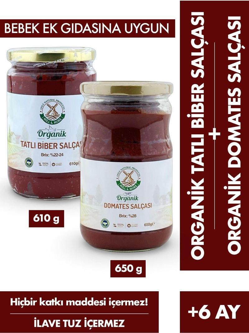 Organik Tuzsuz Domates Salçası 650 g + Organik Tuzsuz Tatlı Biber Salçası 610 g Seti