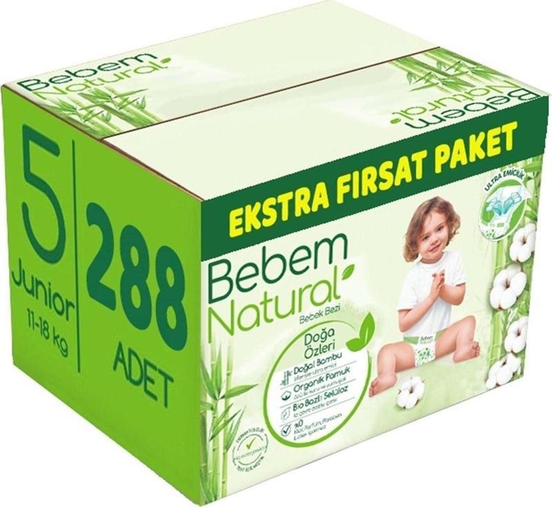 Bebem Bebek Bezi Natural Beden:5 (11-18Kg) Junior 288 Adet Ekstra Fırsat Pk