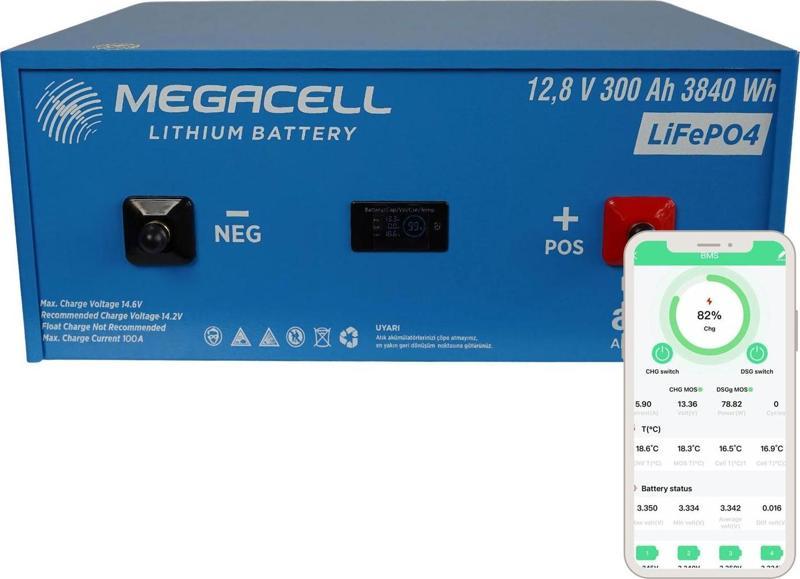 -LiFePO4 Metal Kasa Bluetooth 12,8V 300Ah Lityum Demir Fosfat Akü