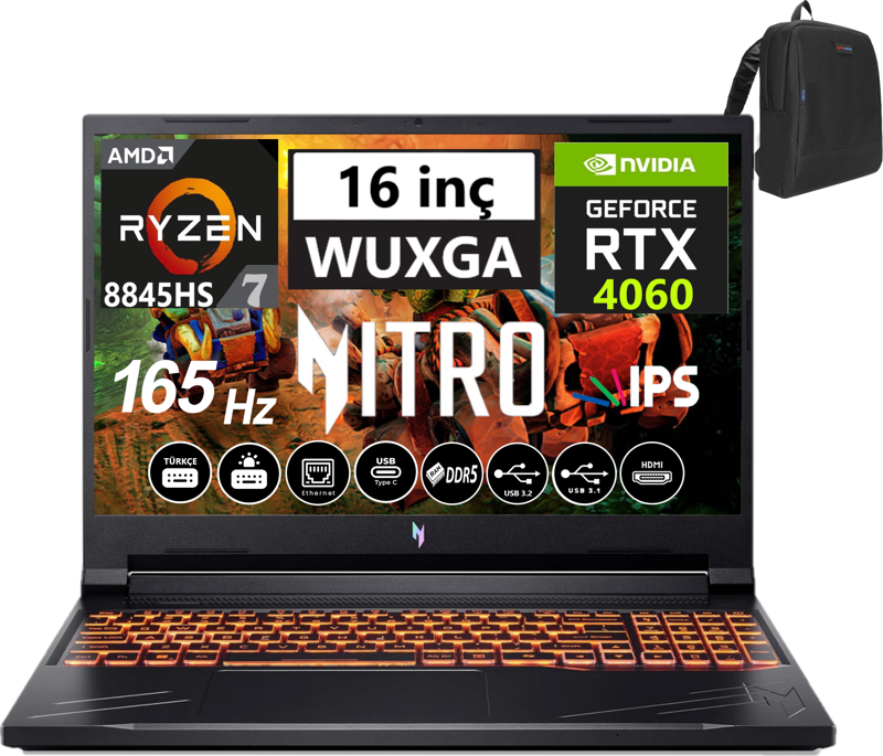 Nitro V16 ANV16-41 Amd R7 8845HS Aı 32GB Ddr5 512GB SSD 8GB/RTX4060 WINDOWS11HOME 16" 165Hz Wxuga IPS Taşınabilir Bilgisayar WNHQRUEY00325 + Weblegelsin Çanta