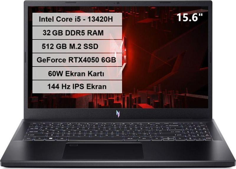 Nitro V 15 NH.QNBEY.003 i5 13420H 15.6 " 32GB DDR5 512GB M.2 SSD 60W RTX 4050-6GB FHD IPS FreeDOS Laptop
