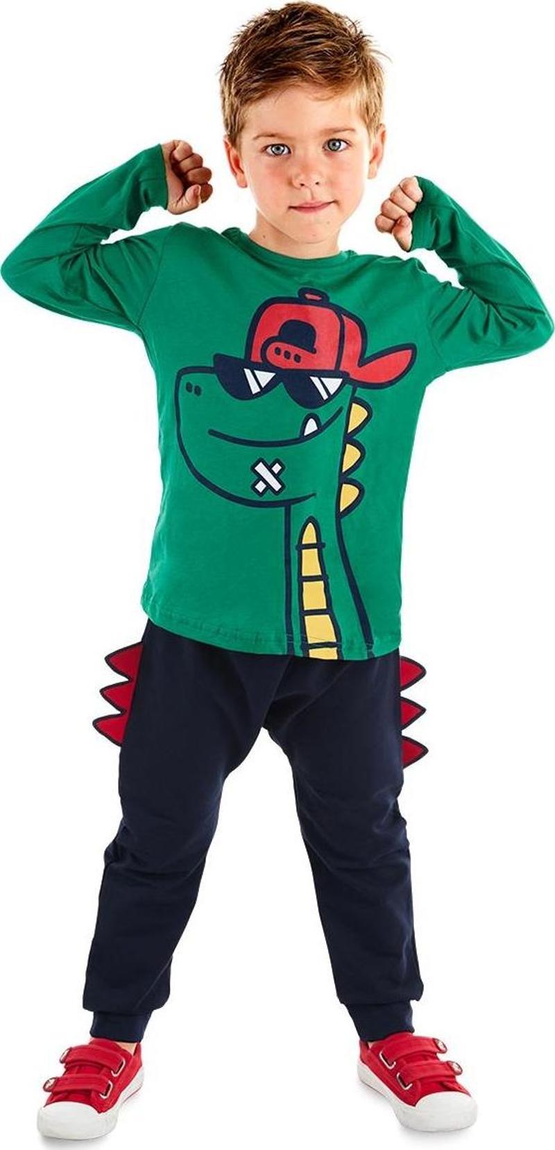 Gözlüklü Dino Erkek Çocuk Kışlık T-shirt Pantolon Takım