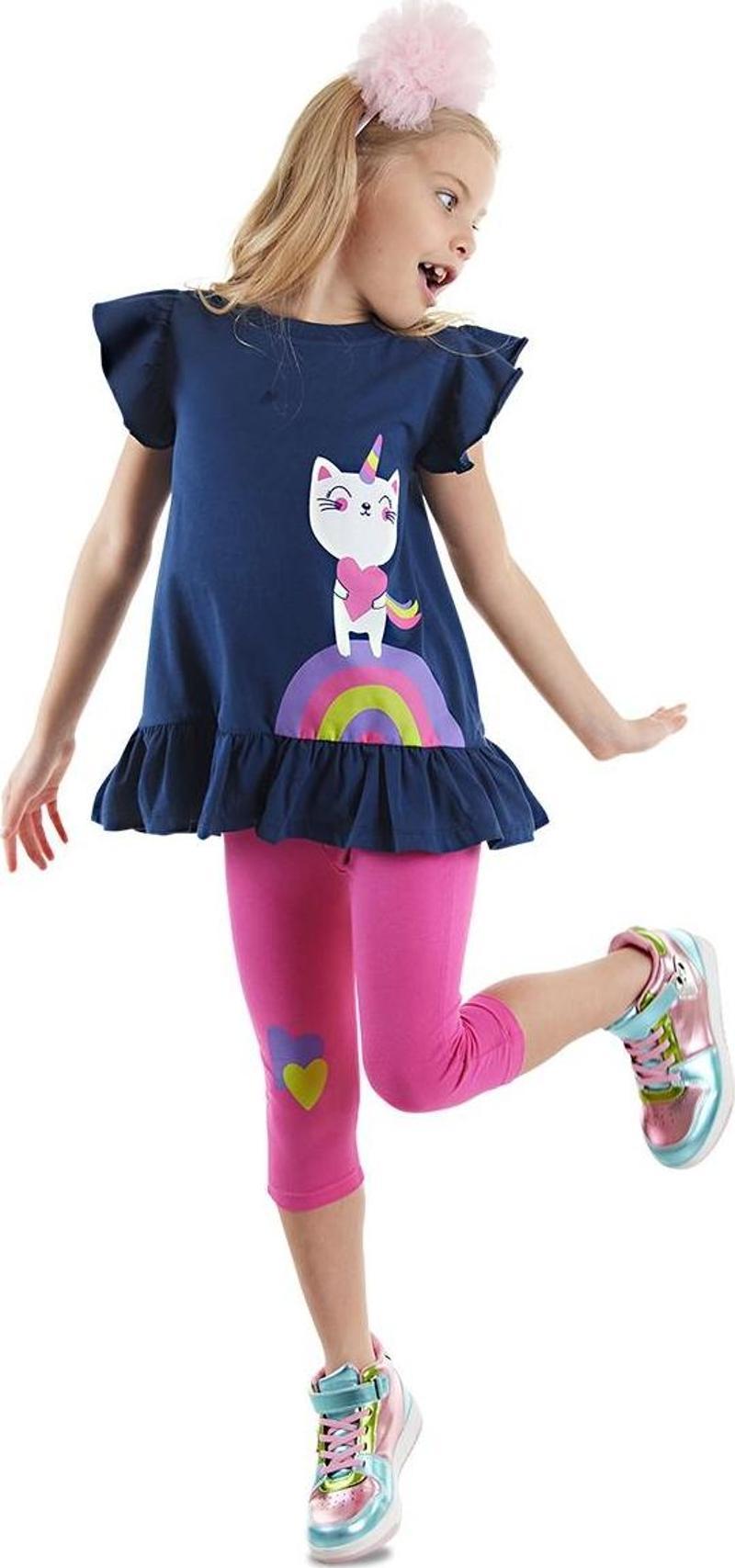 Lacivert Pembe Unicorn Kedi Fırfırlı Kız Çocuk Yazlık T-shirt Tayt Takım