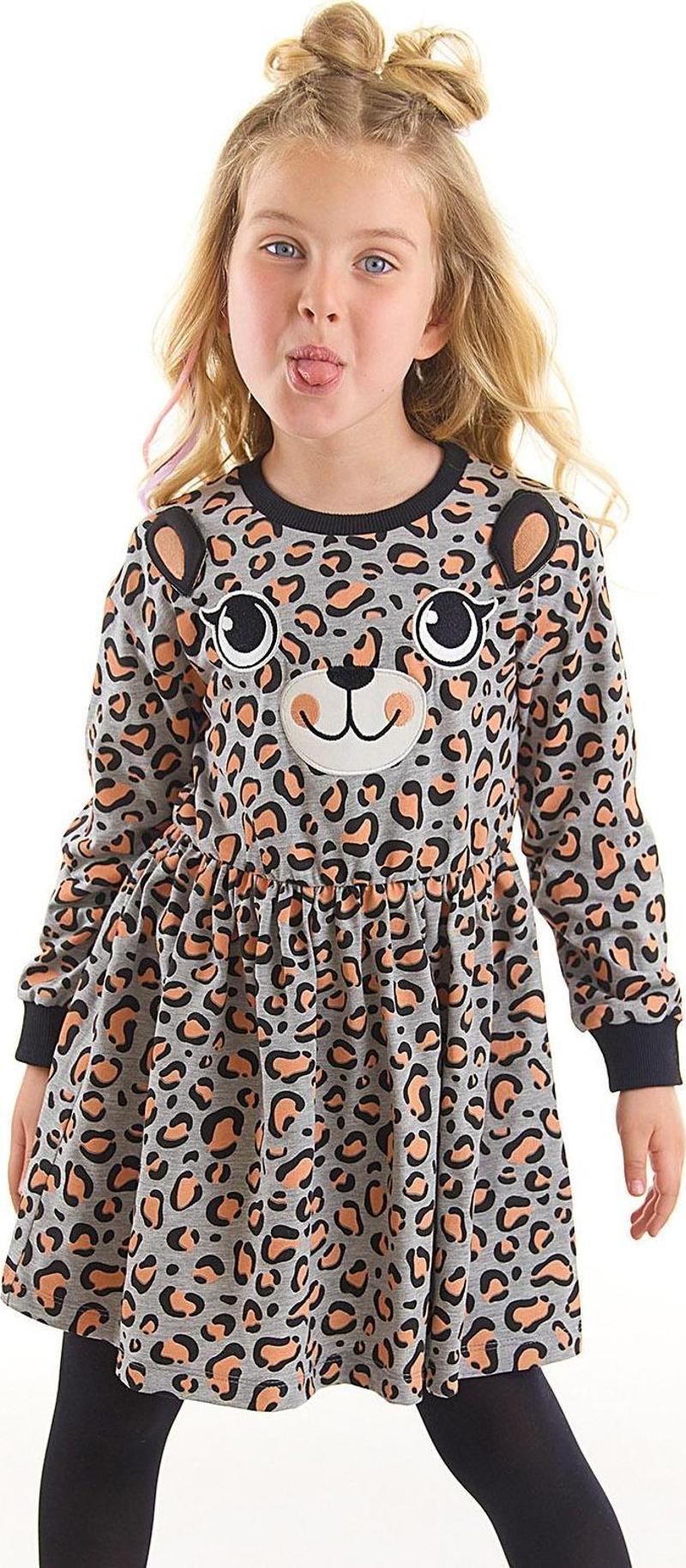 Leopar Desenli Gri Kız Çocuk Elbise