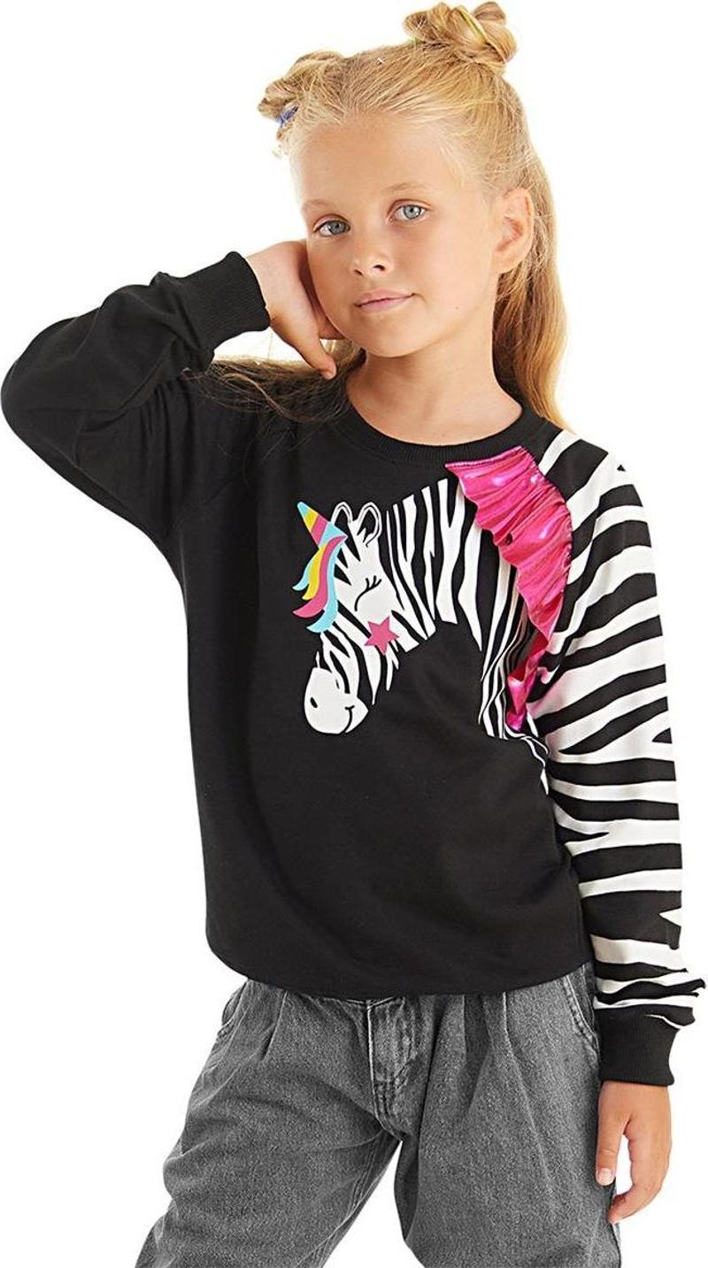 Fırfırlı Zebra Kız Çocuk Siyah Uzun Kollu Sweatshirt