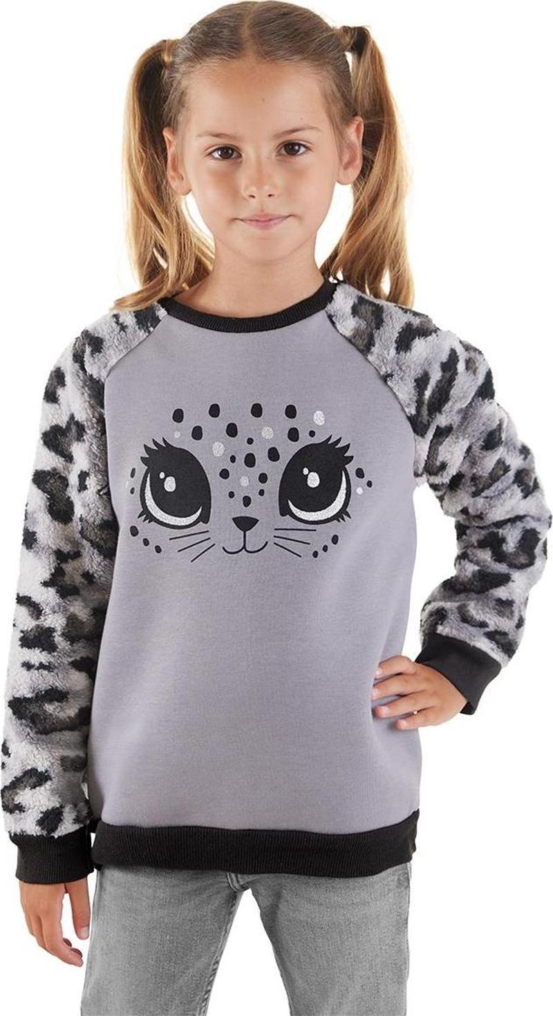 Leopar Peluş Kız Çocuk Sweatshirt