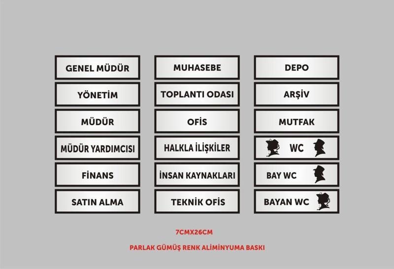 Muhasebe Müdür Finans Depo Ofis Kapı Isimlikleri 18'Li Aliminyum Parlak Gümüş Metal Levha 26Cmx7Cm