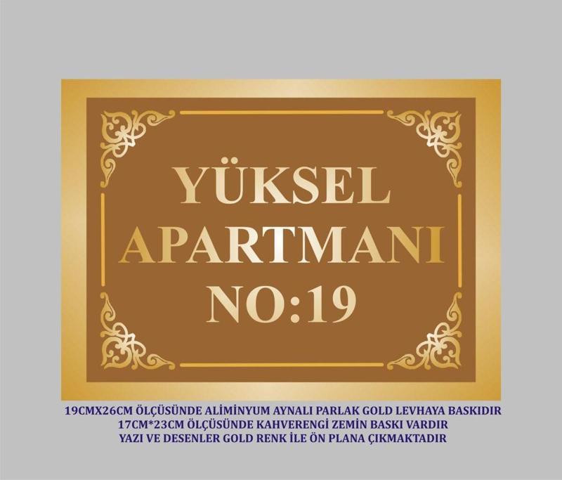 Apartman Kapı İsimliği Aynalı Gold Levhaya Kahverengi Zeminli 19X26Cm Ölçüsünde