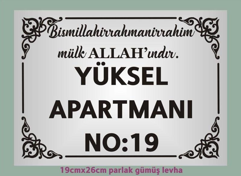 Besmele Yazılı Apartman Kapısı İsimliği 26Cm*19Cm Parlak Gümüş Renk Aliminyum Levha