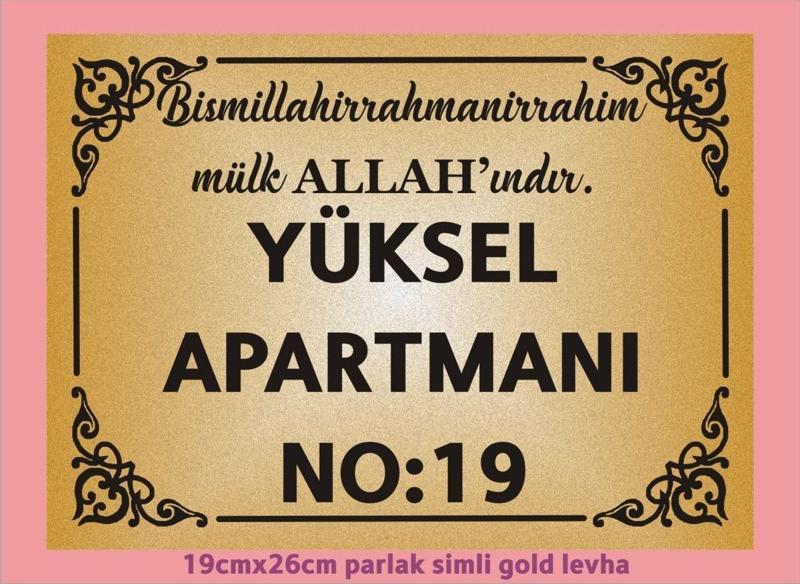 Besmele Yazılı Apartman Kapısı İsimliği 26Cm*19Cm Simli Gold Aliminyum Levha