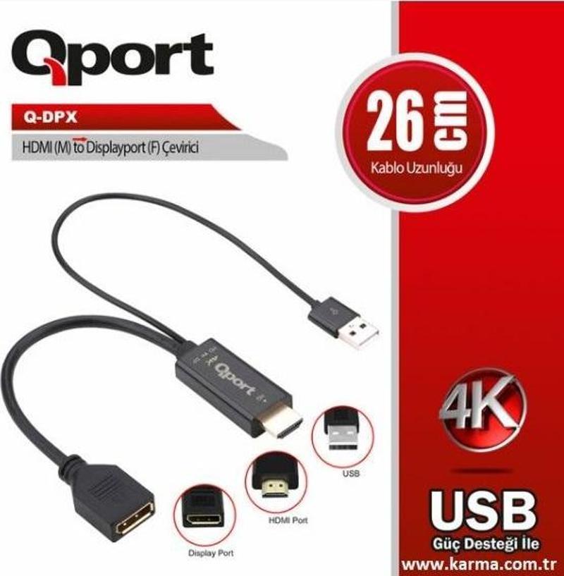 HDMI(M) to Displayport(F) Çevirici Kablo 26Cm Hdmi (QPORT Q-DPX)