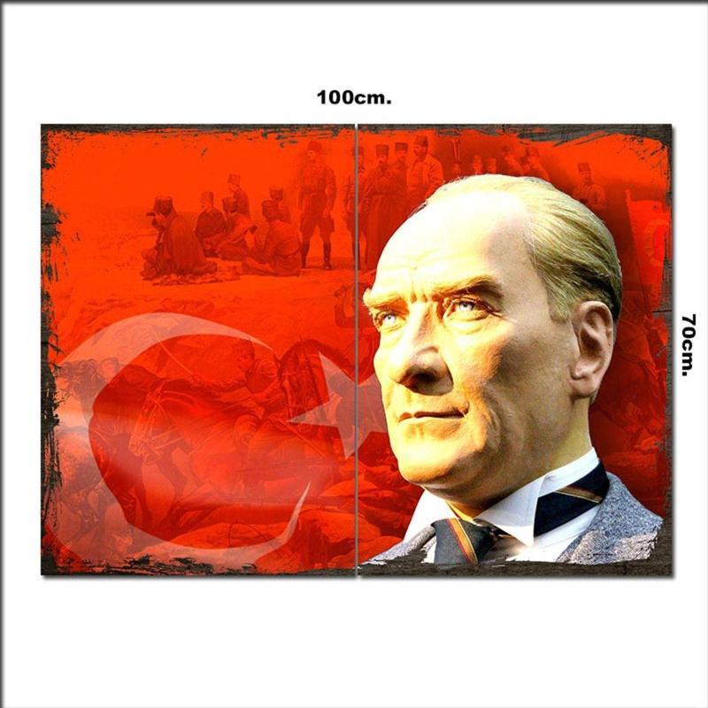 Ahşap Tablo Atatürk Ve Cephede Savaş Baskılı 70*100Cm