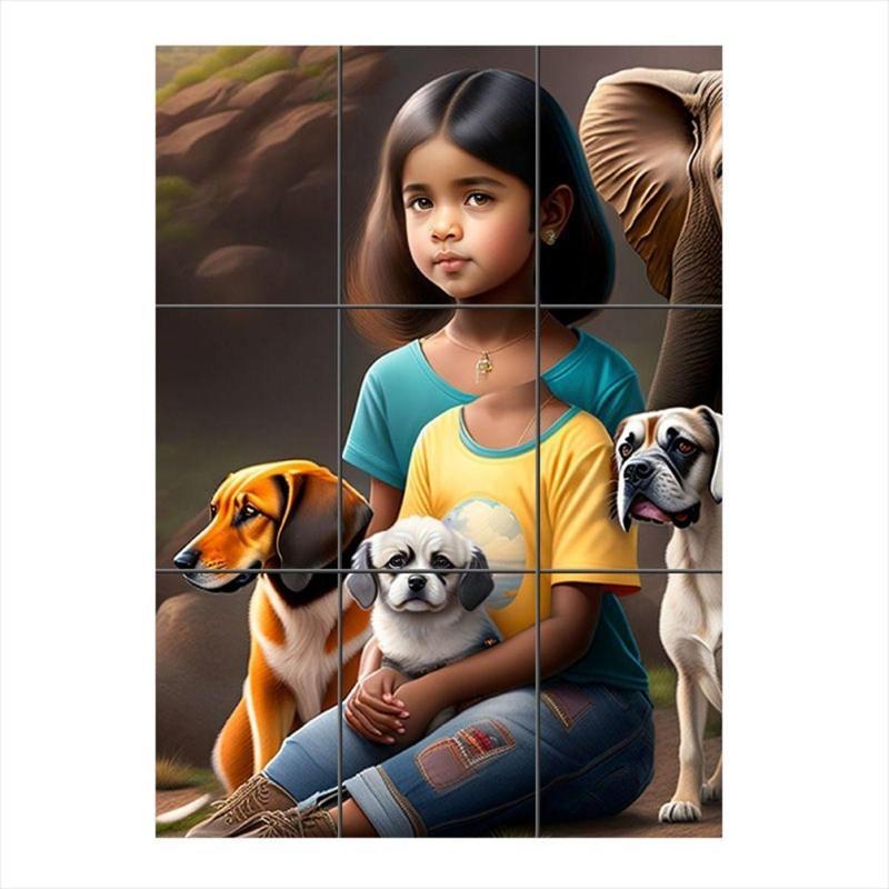 Kız Ve Hayvanlar Temalı 9 Parça Puzzle Tablo