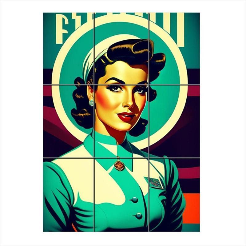 Retro Güzel Kadın Poster Mdf 9 Parça Puzzle Tablo