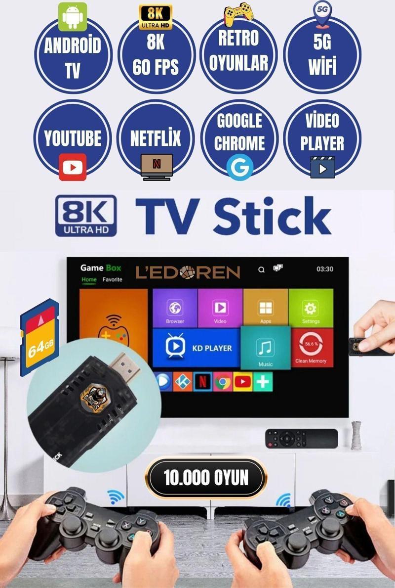 TG8 - 8k Android TV Wifi Kablosuz Çift Kol Retro Oyunlar Game Stick 64gb Hafıza 10000 Oyun Atari