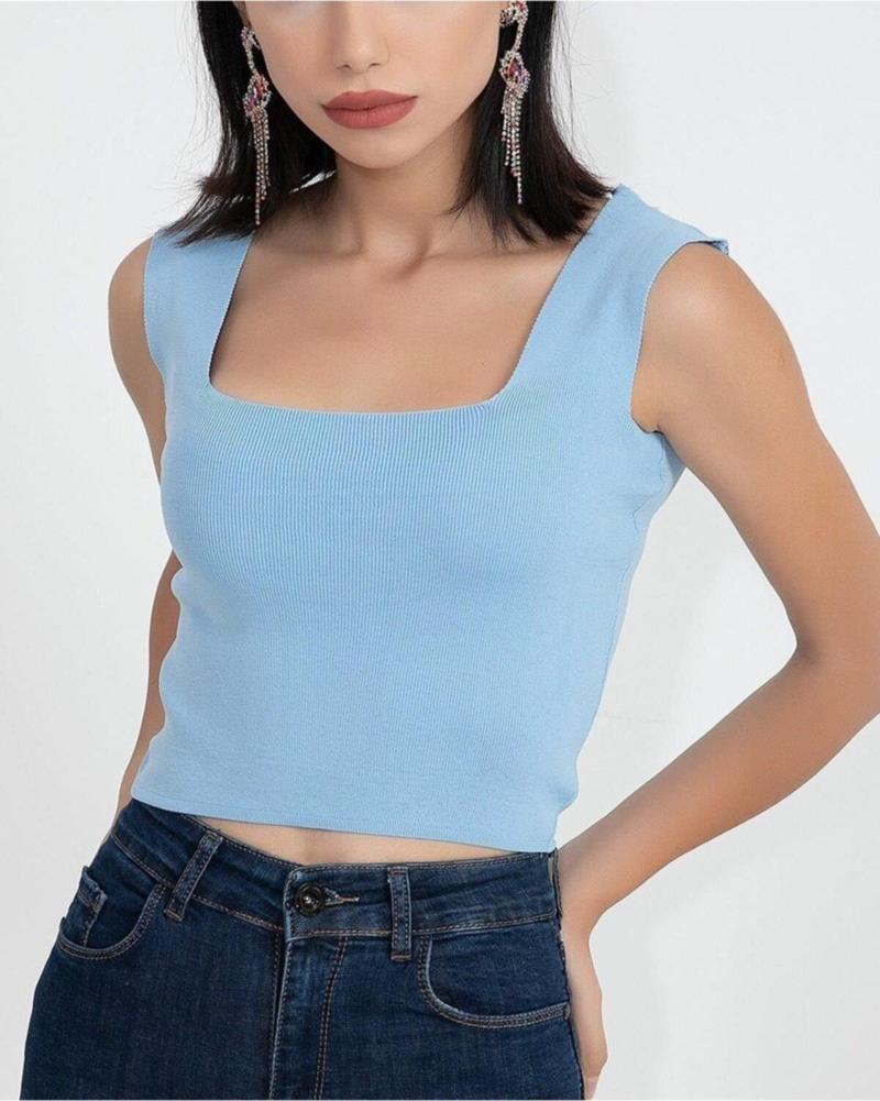 Mavi Kare Yaka Likralı Fit Triko Kadın Crop Bluz