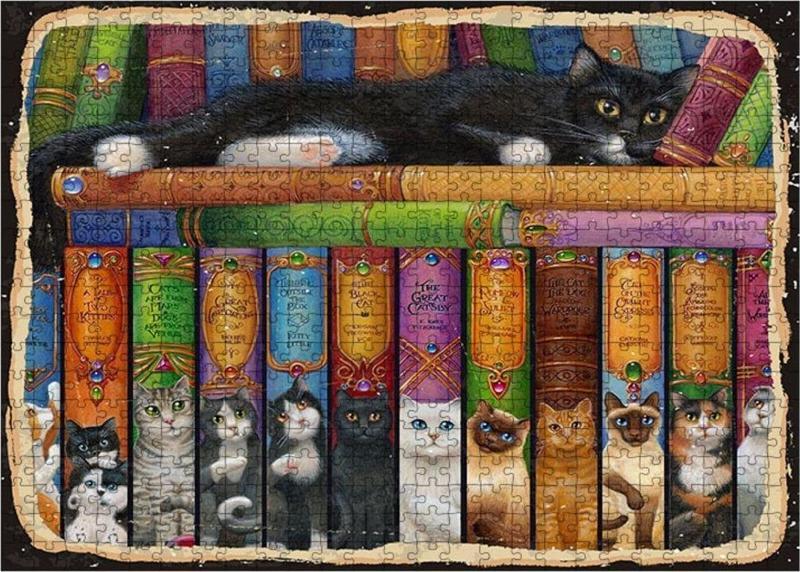 Ahşap Mdf Puzzle Yapboz Kedi Ve Hikaye Kitapları 500 Parça 50*70 Cm