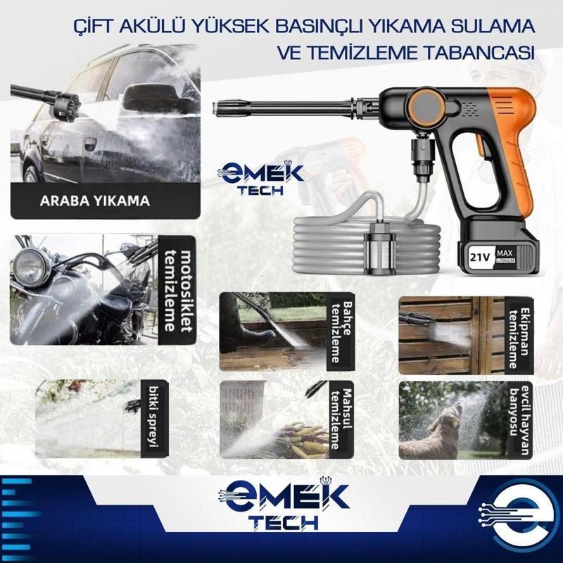 Çift Akülü Şarjlı Yüksek Basınçlı Oto Araba Bahçe Yıkama Sulama Ve Temizleme Tabancası Mavi Makinesi