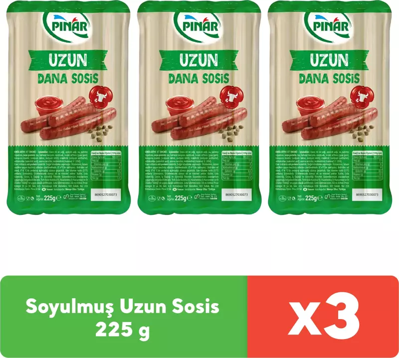 Soyulmuş Dana Uzun Sosis 225 g x 3 adet