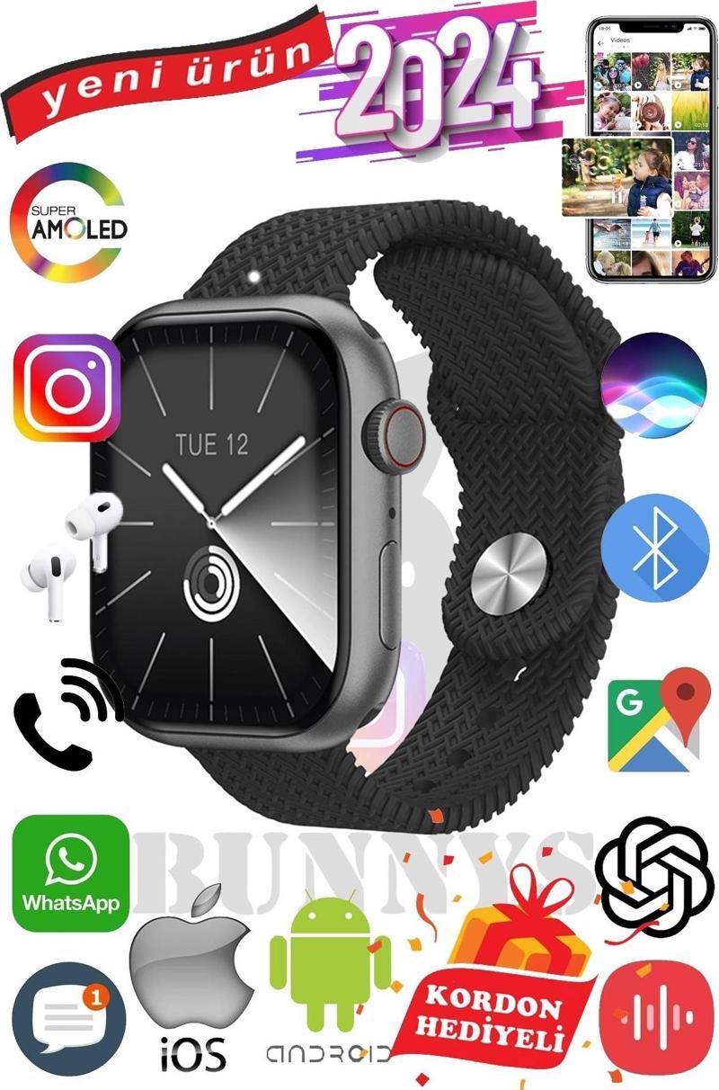 Samsung Galaxy M40 Uyumlu Akıllı Saat Watch 9 Max+2024 45mm Kordon Hediyeli Amoled Ekran