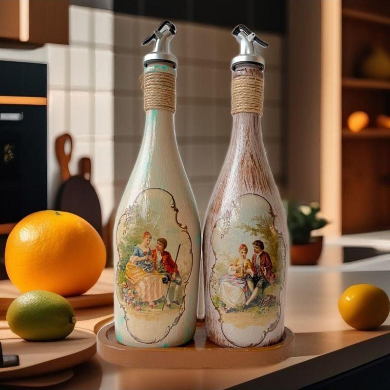 Özel Tasarım Vintage Desenli Sunum Stantlı 2'Li 750 Ml Zeytinyağı Sıvıyağ Şişesi Yağdanlık Yağlık