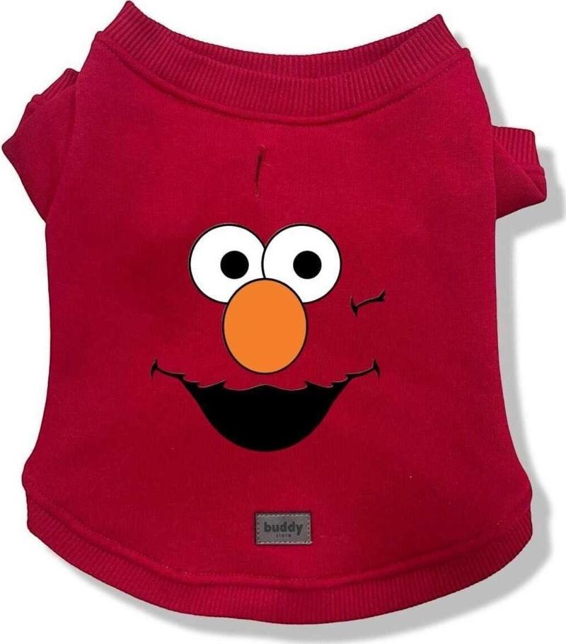 Kedi Ve Köpek Kıyafeti - Elmo Baskılı Kırmızı Tasma Delikli Kapüşonsuz Sweatshirt