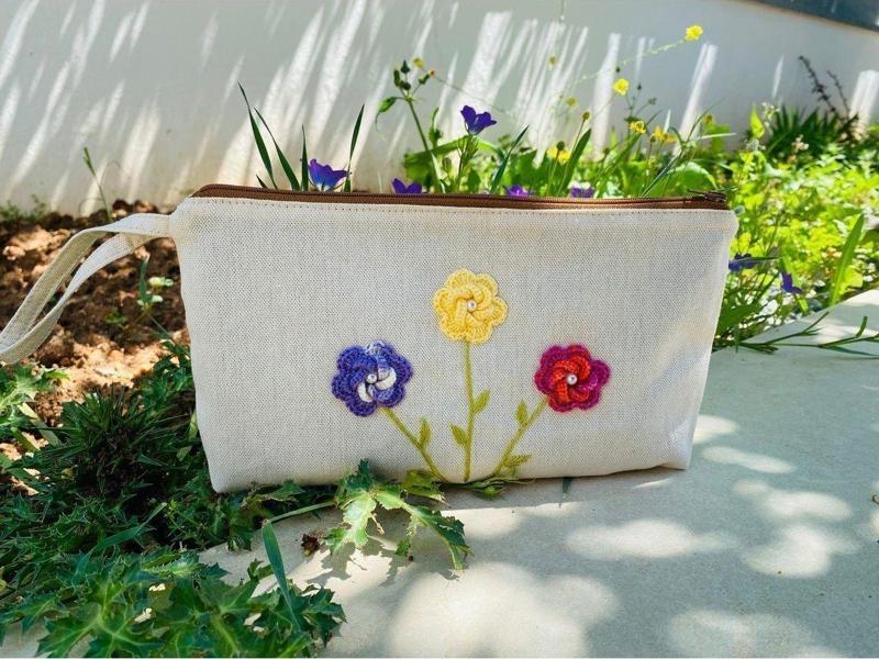 İncili Örgü Çiçek Detaylıel Yapımı Clutch/makyaj/el Çantası