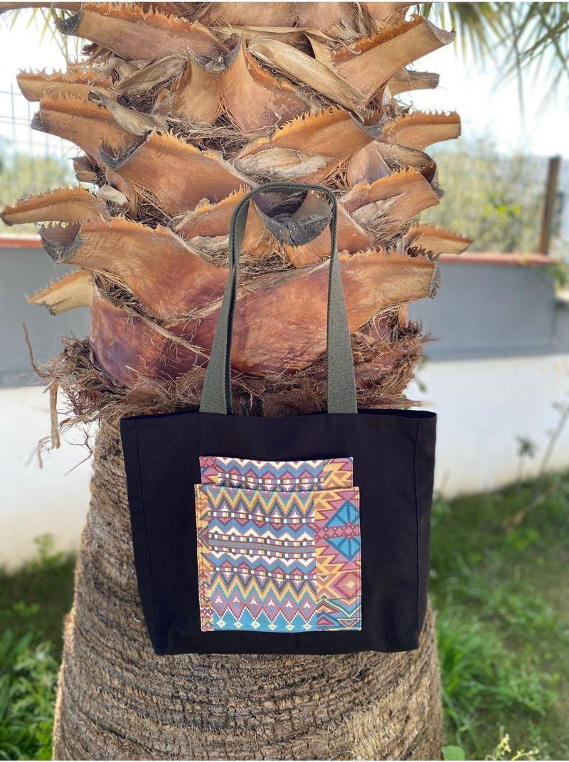 Kilim Deseni Detaylı Ön Cepli Bez Tote Omuz Çantası