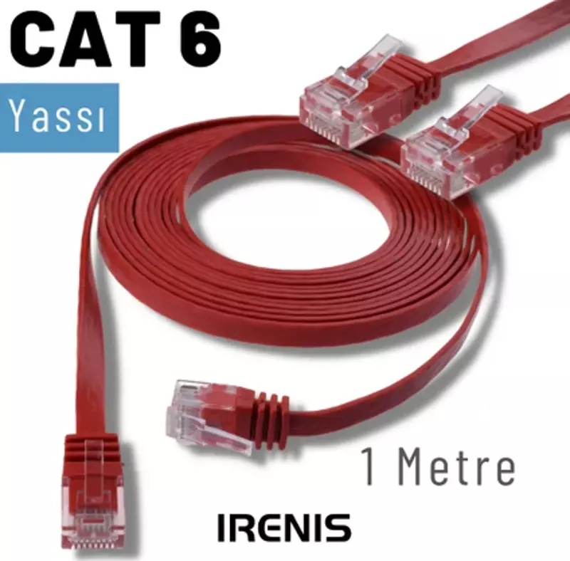 1 Metre CAT6 Kablo Yassı Ethernet Network Lan Ağ İnternet Kablosu, Kırmızı