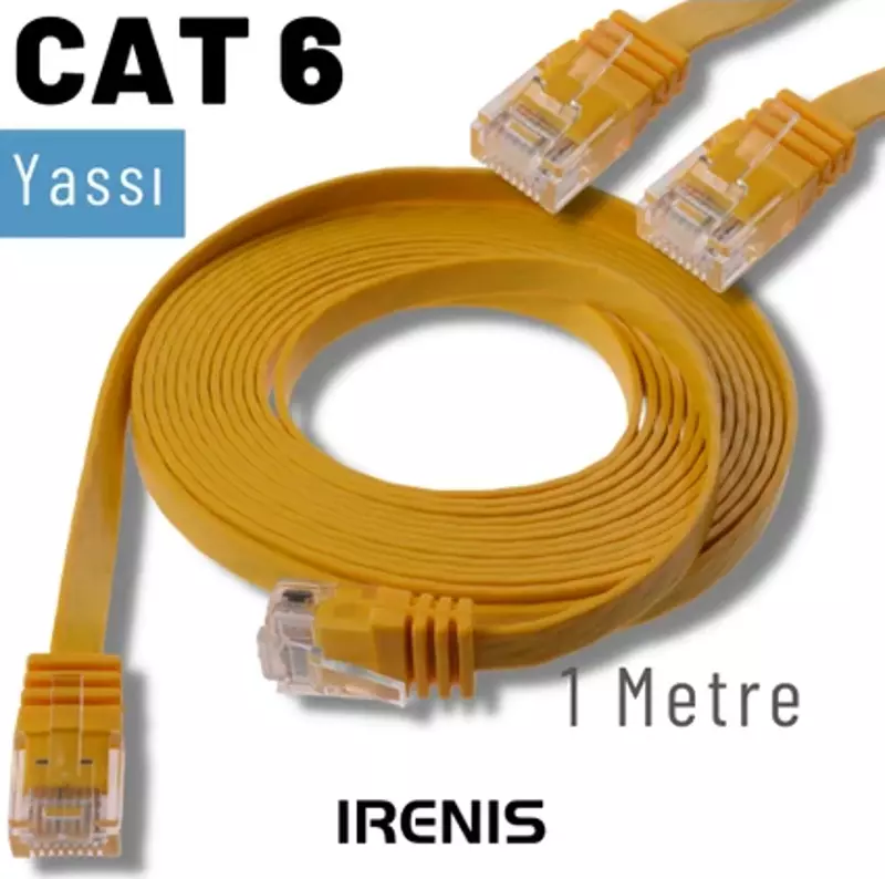 1 Metre CAT6 Kablo Yassı Ethernet Network Lan Ağ İnternet Kablosu, Sarı