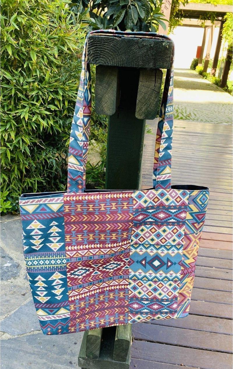 Renkli Etnik Kilim Motifi Desenli Tote Bez Omuz Çantası