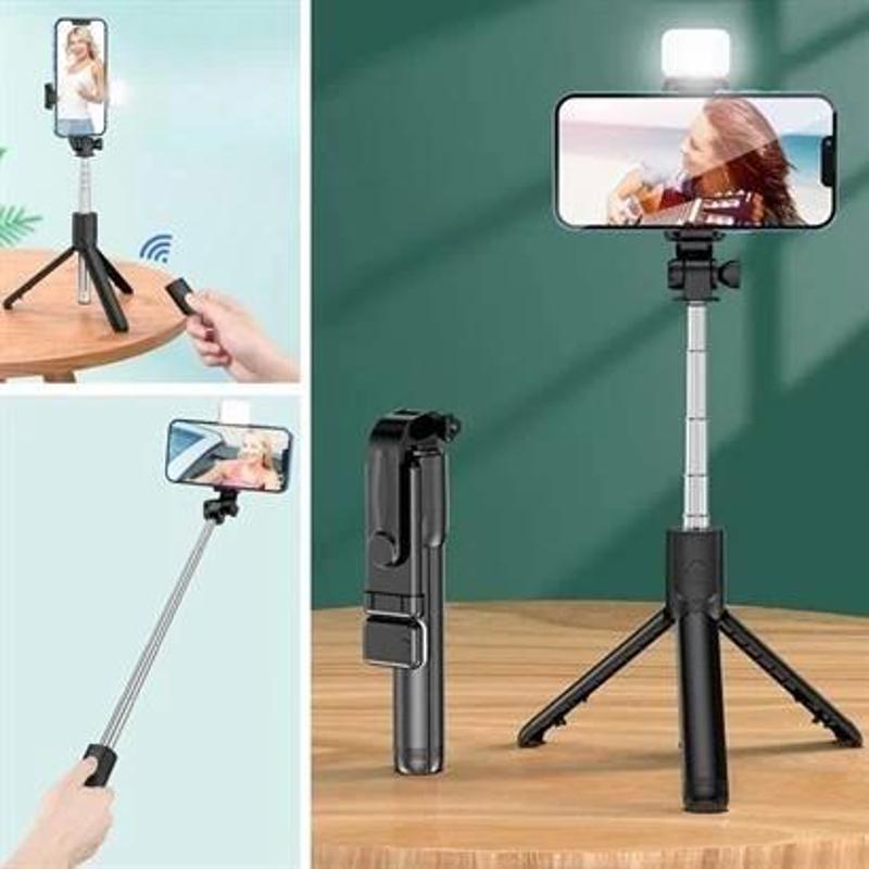 BUFFER® Kendiliğinden Işıklı Masaüstü Tripod Olabilen Telefon Tutuculu Kablosuz Kumandalı Selfie Çub