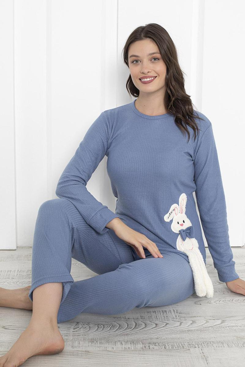 Fwn 4002 İnterlok Kışlık Tavşanlı Kadın Ev Pijama Takımı