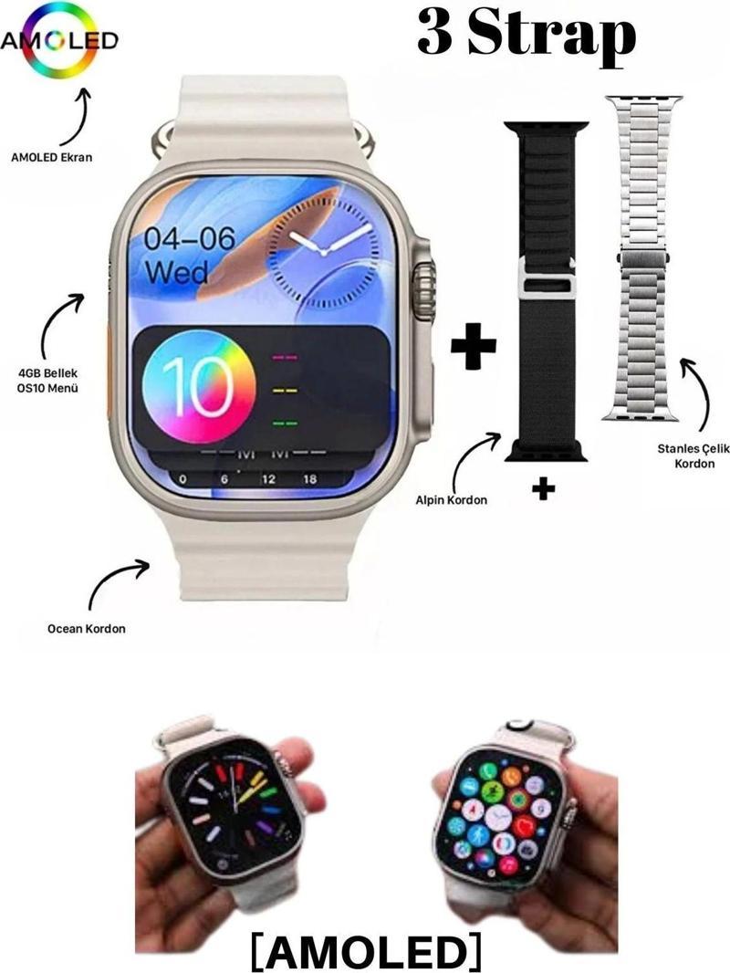 Akıllı Saat Hello Watch 3 Plus Amoled 3 Kordon Ultra 49mm Şarj Pusula 4gb Akıllı Saat