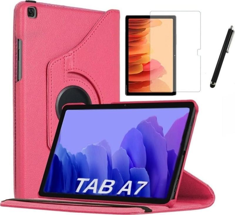 Samsung Galaxy Tab A7 SM-T500 10.4" Kılıf+Ekran Koruyucu+Kalem 360 Dönebilen Standlı Kılıf Pembe