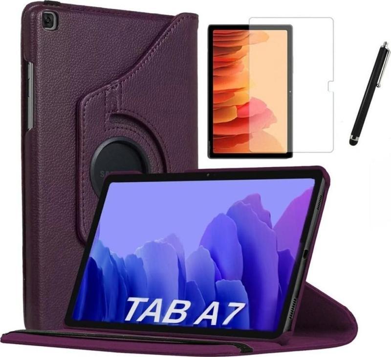 Samsung Galaxy Tab A7 SM-T500 10.4" Kılıf+Ekran Koruyucu+Kalem 360 Dönebilen Standlı Kılıf Mor