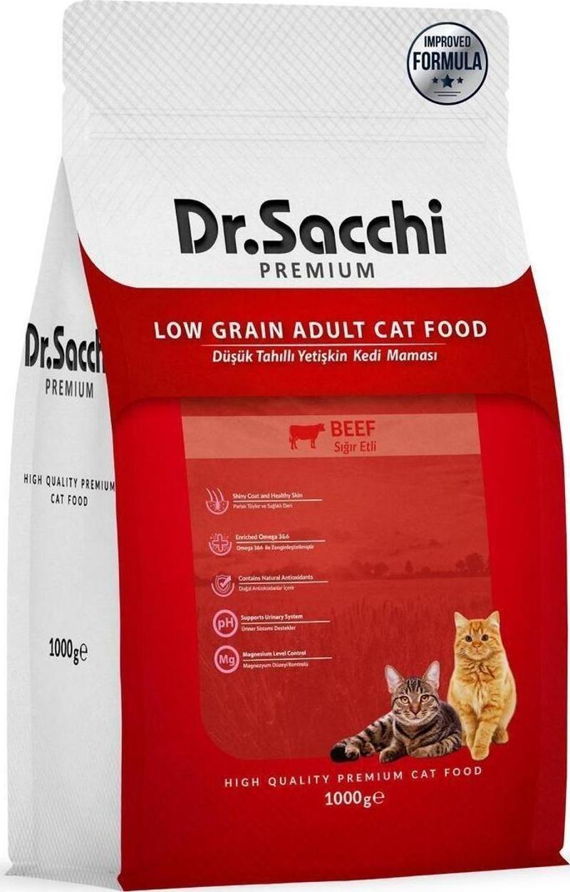 Dr.Sacchi Premium Düşük Tahıllı Sığır Etli Yetişkin Kedi Maması 1 Kg