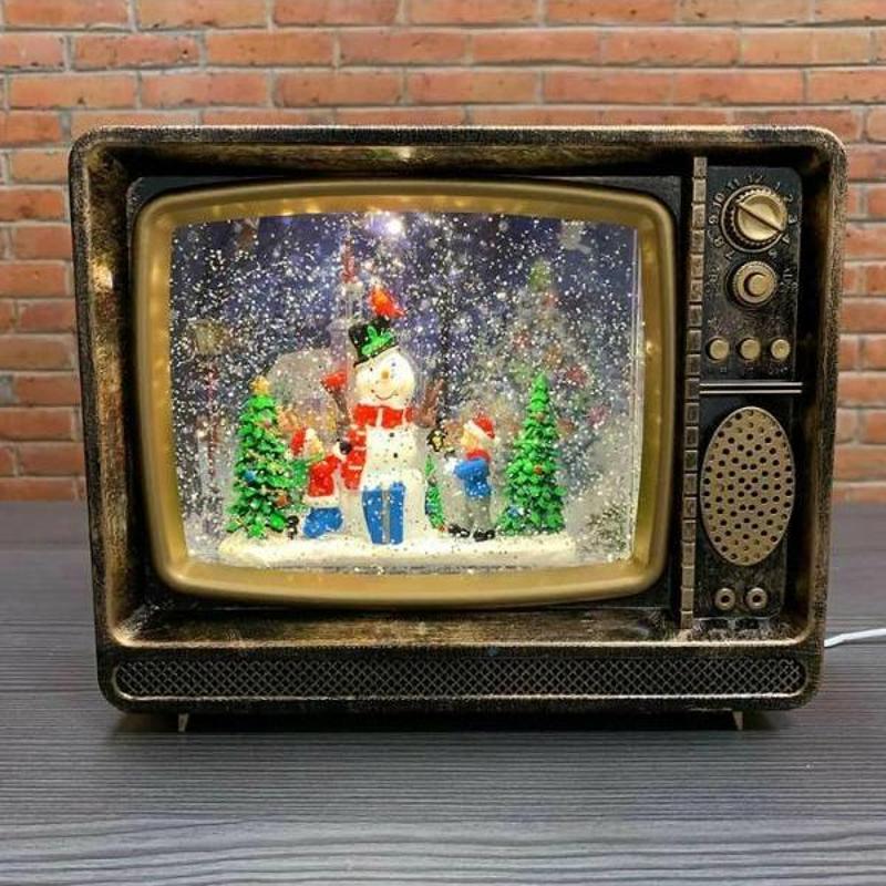 Kardan Adam Sahneli Noel Gecesi Retro Tv Işıklı Müzikli ve Kar Püskürtmeli Tv