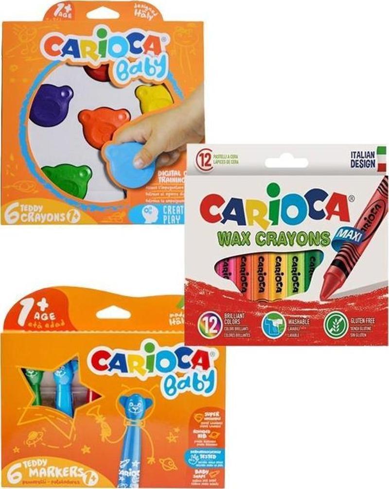 Teddy Şekilli Mum Boya - Carioca Teddy Keçeli Kalem - Carioca Wax Crayons 3 Adet Boyama Seti