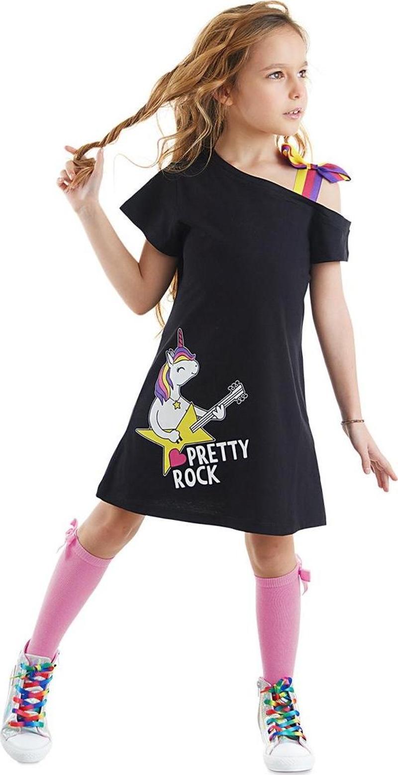 Unicorn Rock Kız Çocuk Siyah Yazlık Penye Elbise