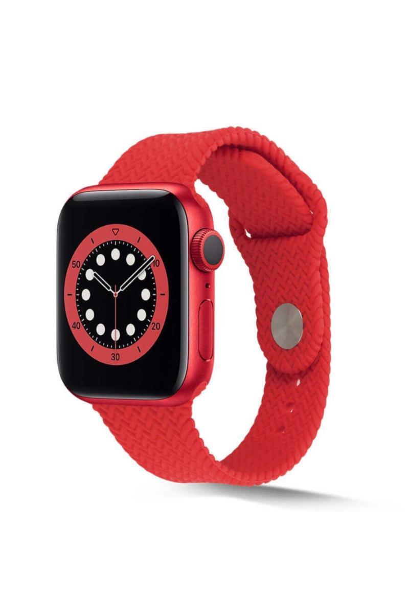 KZY İletişim Apple Watch 42mm Hasır Örgü Silikon Kordon - Kırmızı