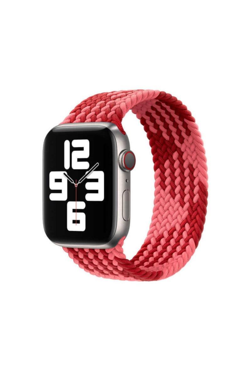 KZY İletişim Apple Watch 42mm Hasır Örgü Tasarımlı Large Kordon - Kırmızı-Pembe