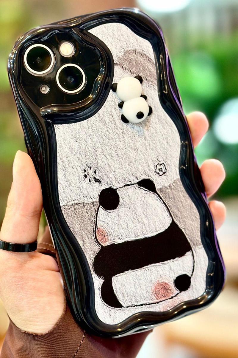 İphone 13 Sevimli Ayıcık Panda Desenli 3 Boyutlu Şirin Parlak Tasarım Panda Kılıf