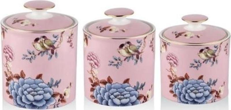 Floral Pink 3 lü Porselen Baharatlık Baharat Takımı Kavanoz