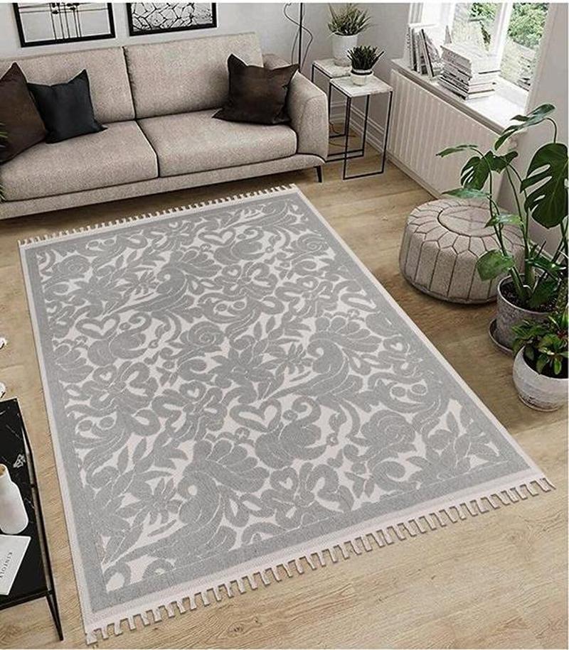 Dekoratif Modern Naturel Kayma Yapmayan Yıkanabilir Pamuk Dokuma Kilim Saçaklı 7016C