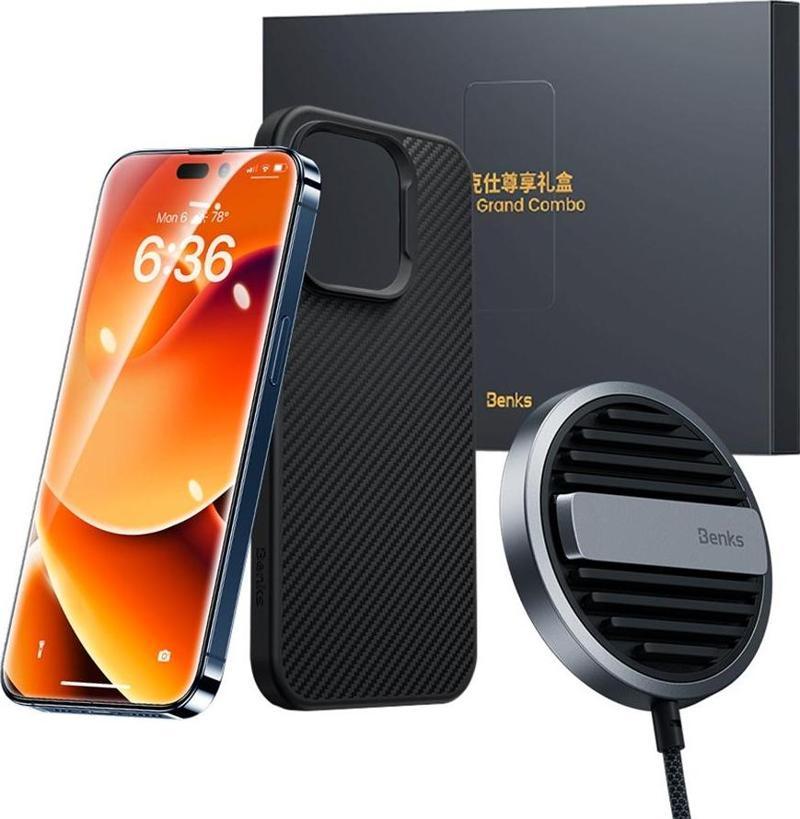 Apple iPhone 14 Pro Max Benks Grand Combo MFM01 3in1 Aksesuar Seti Kılıf-Ekran Koruyucu-Wireless Şarj Aleti