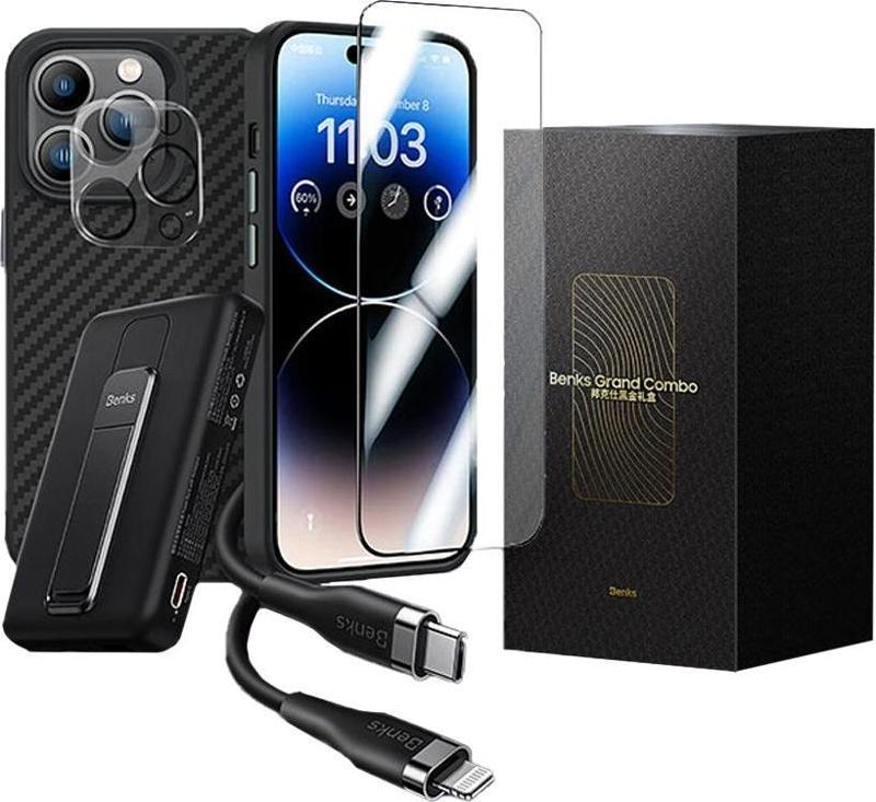 Apple iPhone 14 Pro Max Benks Grand Combo New 5in1 Aksesuar Seti Kılıf-Ekran Koruyucu-Lens Koruyucu-Kablo-Powerbank